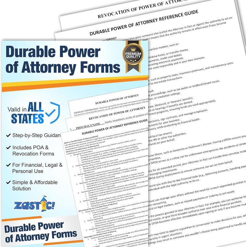 Zastic ! 2025 Durable Power of Attorney Forms Kit - Comprehensive Power of Attorney Form for Financial, Legal, and Personal Use – Includes 3 Blank Durable Power of Attorney Forms, Guide, & Envelopes - Image 1